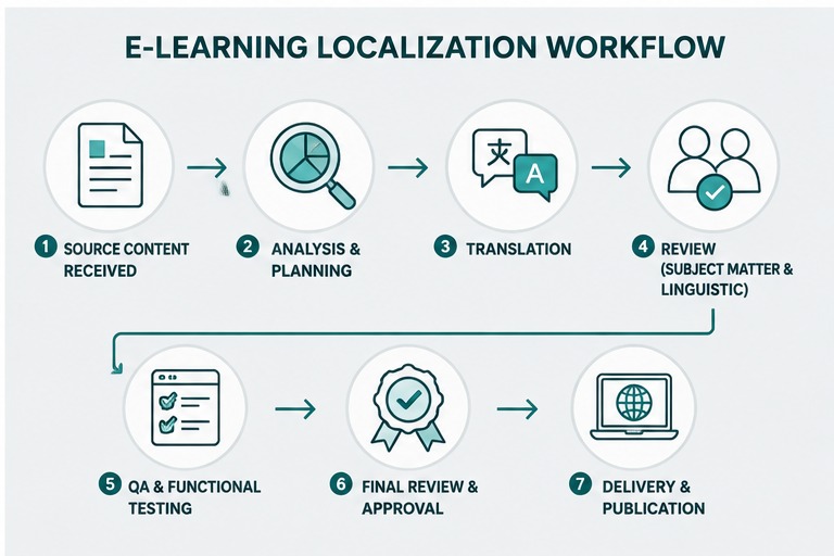 Diagram illustrating an eLearning localization workflow from source content analysis through translation, review, quality assurance, functional testing, final approval, and delivery.