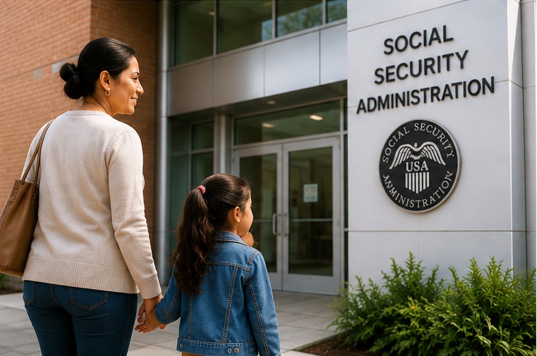 A Hispanic mother and her child walking toward a Social Security Administration office building.
