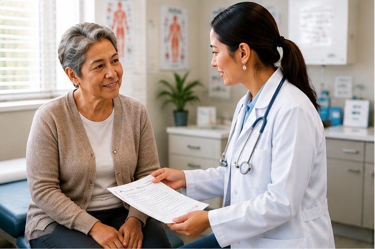An older Hispanic woman speaking with a healthcare professional who is reviewing printed information with her.