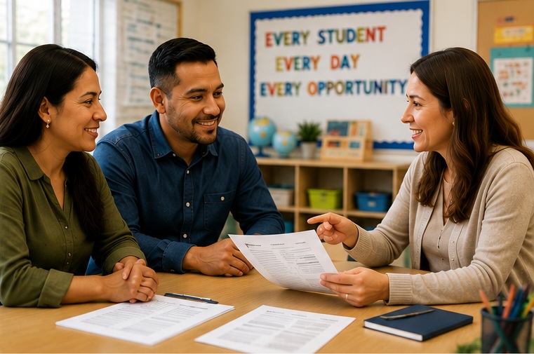 Parents meeting with a teacher in a classroom while the teacher shares school documents with them.